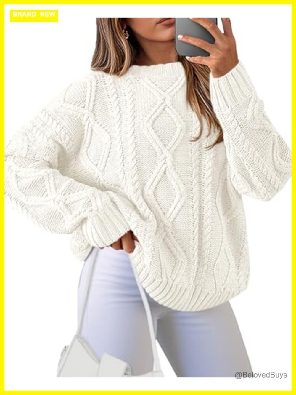 Womens Chunky Cable Knit Crew Neck Pullover Sweater Loose Fit
